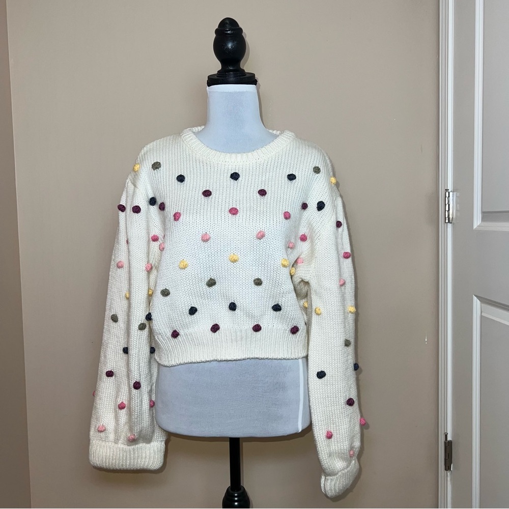 Sincerely Ours Women’s New With Tags Cropped Cream Sweater w/ Colorful Poms Sz S